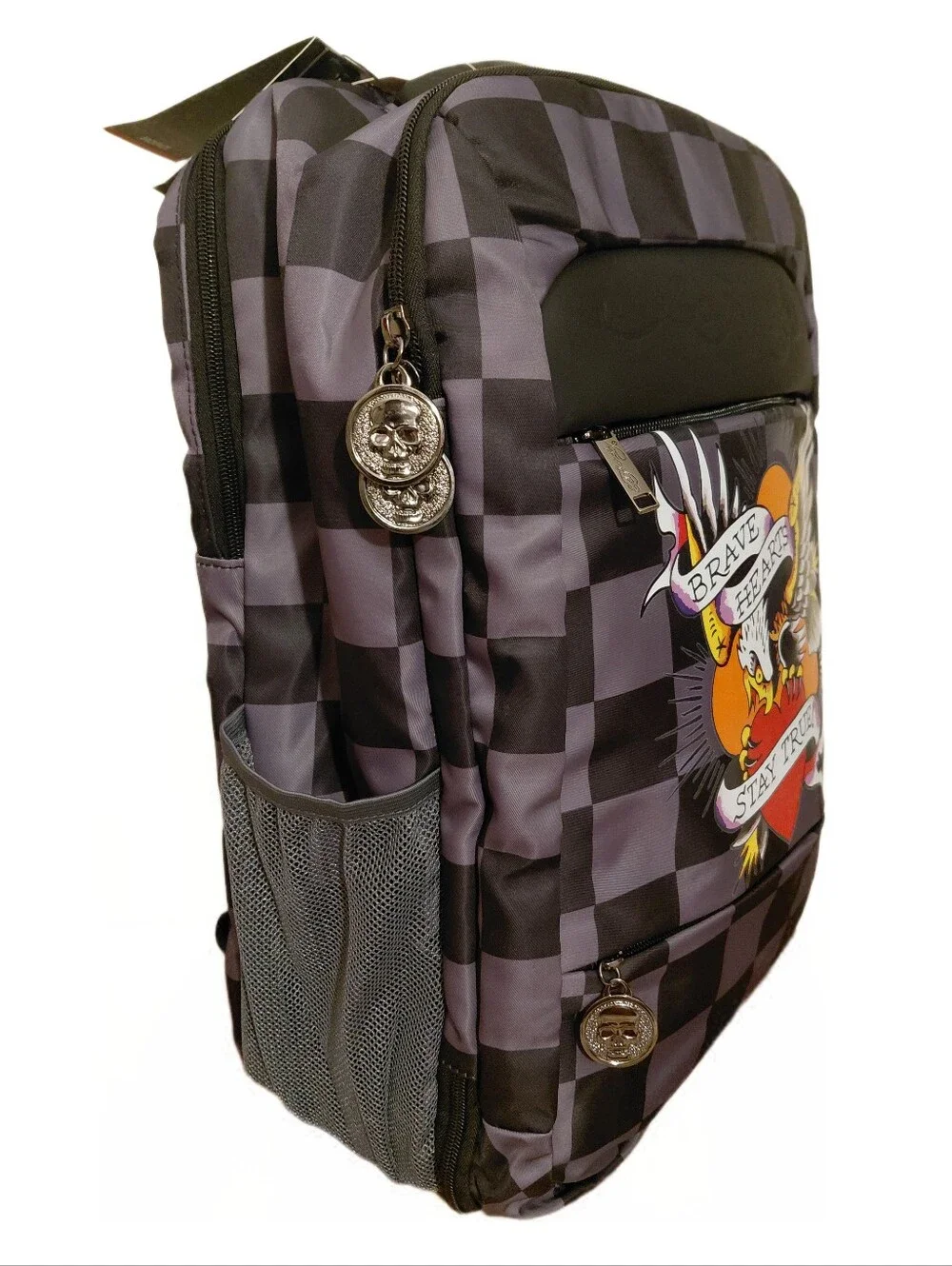 Ed Hardy Checkered Y2K Inspired Brave Hearts Stay True Decal Full Sized Backpack